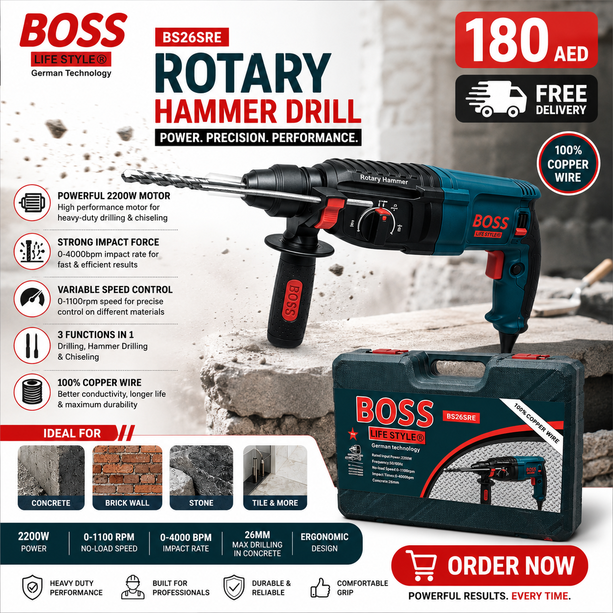 BOSS BS26SRE Rotary Hammer Drill
